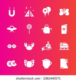 Premium set with fill vector icons. Such as tent, finance, drink, sunglasses, travel, sack, file, teapot, magnetic, sweet, cookie, dessert, adventure, birthday, style, paper, snack, diaper, newborn