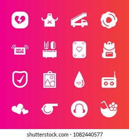 Premium set with fill vector icons. Such as juice, doughnut, message, notification, glass, truck, sweet, poker, water, chief, image, love, valentine, security, drink, bag, cake, sport, broken, media