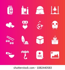 Premium set with fill vector icons. Such as alcohol, jar, jam, toy, drink, seafood, cube, hat, heart, laboratory, fish, ink, identity, cap, chemistry, square, photo, sushi, pen, image, valentine, hook
