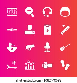 Premium set with fill vector icons. Such as weapon, belt, graph, web, vacation, chair, audio, concept, music, sign, office, sound, technology, trend, bowl, photography, photo, musical, chart, summer