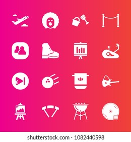 Premium set with fill vector icons. Such as dvd, scary, sky, bathroom, musical, travel, bowling, jump, holiday, sport, artist, disk, meat, drawing, barbecue, art, play, parachuting, towel, disc, grill
