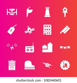 Premium set with fill vector icons. Such as home, sink, ball, flag, holiday, toy, tap, music, real, sound, family, piece, bear, military, piano, gun, table, bathroom, war, strategy, sun, building
