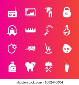 Premium set with fill vector icons. Such as road, helmet, shirt, drink, picture, mouthwash, frame, baby, builder, furniture, security, cute, media, transport, transportation, equipment, white, sad