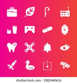 Premium set with fill vector icons. Such as space, beautiful, water, planet, technology, orbit, briefcase, radio, shower, dental, bath, camera, plant, ring, healthy, face, station, animal, media, bag