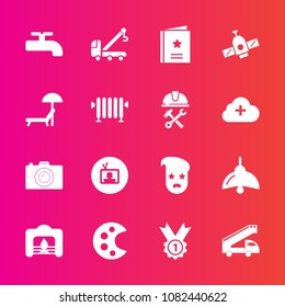 Premium set with fill vector icons. Such as planet, station, camera, photo, tow, transportation, crane, retro, bulb, award, photography, photographer, technology, vehicle, favour, tv, winner, home