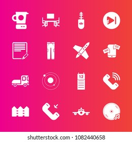 Premium set with fill vector icons. Such as calendar, transportation, kitchen, science, play, business, fashion, phone, cooking, mascara, space, desk, call, work, travel, plane, black, agenda, food