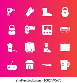 Premium set with fill vector icons. Such as blossom, hand, bed, antenna, cup, work, technology, camera, shop, photo, joystick, white, kitchen, restaurant, hot, soft, clothing, floral, lock, machine
