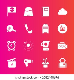 Premium Set With Fill Vector Icons. Such As Video, Clock, Toy, Dryer, Kitchen, Play, Cosmonaut, Handle, Equipment, Paper, Time, Camera, Food, Alarm, Bear, Mixer, Ball, System, Book, Page, Headwear