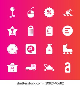 Premium set with fill vector icons. Such as gardening, sound, soap, vehicle, computer, hygiene, price, drop, transportation, note, real, skating, garden, album, house, clean, lawn, grass, pin, sport