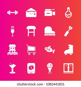 Premium set with fill vector icons. Such as map, mail, location, alcohol, skating, envelope, television, mobile, food, furniture, retail, cabinet, home, chart, roller, communication, sea, tool, fish
