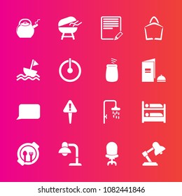 Premium set with fill vector icons. Such as comfortable, meat, off, write, kettle, nautical, talk, lamp, power, grill, child, table, switch, bubble, bath, hostel, yacht, cooking, danger, button, home