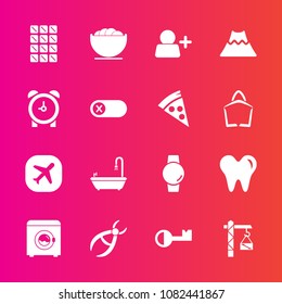 Premium set with fill vector icons. Such as plane, hour, add, sweet, smart, time, drill, chocolate, watch, dentistry, dentist, gadget, clock, food, hammer, dish, bathroom, alarm, medical, crater, wash