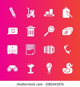 Premium set with fill vector icons. Such as sign, kitchen, rubber, fork, accordion, restaurant, face, pencil, luggage, glass, smile, call, edit, telephone, equipment, travel, alcohol, map, send, trash