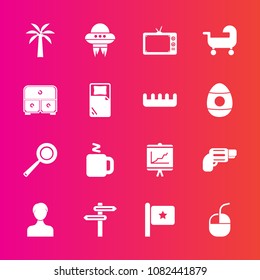 Premium set with fill vector icons. Such as tv, flag, annual, firearm, baby, nation, pistol, profile, banner, cooking, drawer, document, drink, hot, screen, bed, kitchen, account, cup, internet, user