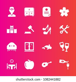 Premium set with fill vector icons. Such as identity, music, hotel, guitar, cabinet, interior, spring, alcohol, bed, fresh, monster, blossom, space, wine, family, dental, glass, dinner, dentist, red