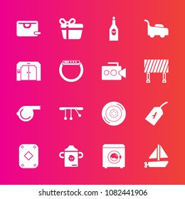 Premium set with fill vector icons. Such as play, transportation, drink, boat, garden, housework, flight, machine, alcohol, nutrition, car, travel, plastic, food, glass, bottle, automobile, lawn, wash