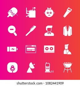 Premium set with fill vector icons. Such as stationary, grill, power, phone, restaurant, ice, waiter, sound, desk, pen, barbecue, work, microphone, cream, radio, child, cute, music, electricity, food