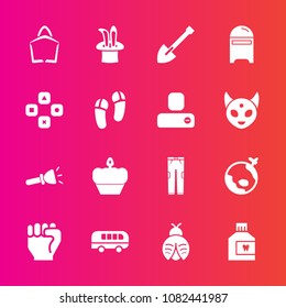 Premium set with fill vector icons. Such as dessert, cake, bag, shine, lamp, shovel, transportation, fashion, tool, road, hygiene, mailbox, food, hand, flashlight, sale, bus, lady, mouthwash, pants, 