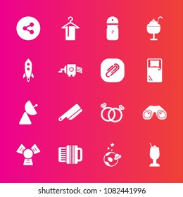 Premium set with fill vector icons. Such as spaceship, bar, internet, hanger, glass, sign, equipment, drink, cream, button, science, spice, cutlery, cocktail, social, clothing, cold, alcohol, diamond