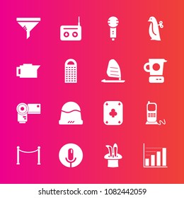 Premium set with fill vector icons. Such as technology, song, play, music, fashion, clothing, game, clean, headwear, drink, filter, karaoke, toy, photo, service, cap, equipment, conditioner, baby, hat