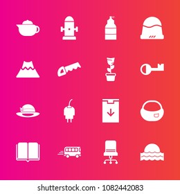 Premium set with fill vector icons. Such as drink, comfortable, library, sun, sign, download, bus, sunrise, bag, backpack, hot, furniture, tea, breakfast, textbook, charger, armchair, department, book