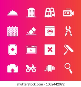 Premium set with fill vector icons. Such as upload, media, sign, play, paint, closed, rubber, architecture, equipment, extreme, film, brush, zoom, time, poker, road, tool, internet, bike, video, roll