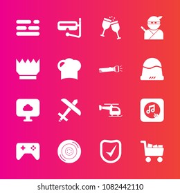 Premium set with fill vector icons. Such as japanese, japan, commerce, snorkel, auto, check, play, water, automobile, game, table, glass, ninja, crown, car, tire, king, red, wine, note, summer, drink