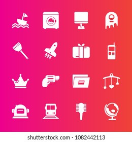 Premium set with fill vector icons. Such as astronaut, toy, newborn, pc, sailboat, pistol, sail, file, globe, computer, firearm, space, travel, sign, queen, planet, king, machine, mobile, housework