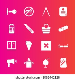 Premium set with fill vector icons. Such as sweet, divider, home, telephone, spice, leather, food, key, modern, house, seasoning, megaphone, mobile, instrument, salt, security, closed, nutrition, air