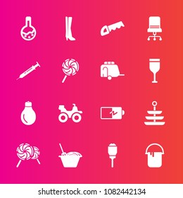 Premium set with fill vector icons. Such as paint, interior, candy, idea, work, quad, bulb, lamp, sweet, full, comfortable, train, needle, saw, fashion, lollipop, painter, technology, color, road