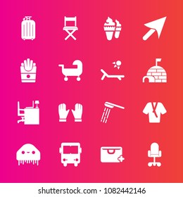 Premium set with fill vector icons. Such as sunny, vacation, hygiene, fiction, transport, bus, shower, bag, sale, dessert, work, cream, potato, chair, ufo, office, fast, fashion, glove, seat, bath