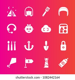 Premium set with fill vector icons. Such as camp, lock, tool, white, equipment, sign, kitchen, brush, room, marine, travel, helmet, ocean, pan, kite, sea, care, beacon, light, work, outdoor, food, fun
