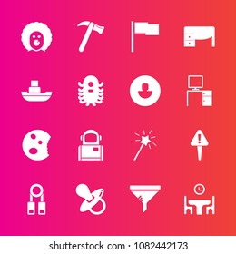 Premium set with fill vector icons. Such as character, exclamation, danger, space, service, cosmos, equipment, scary, sweet, dinner, doughnut, holiday, wand, work, presentation, circus, air, dessert
