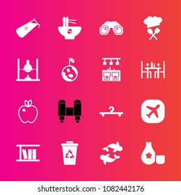 Premium set with fill vector icons. Such as space, noodle, recycling, laboratory, travel, chemical, equipment, trash, healthy, recycle, library, waste, craft, chinese, technology, restaurant, fruit