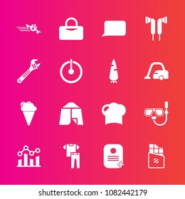 Premium set with fill vector icons. Such as ice, hat, hammer, adventure, collection, tent, airplane, mask, chocolate, fashion, chef, talk, bag, outdoor, chart, sweet, bar, equipment, snorkel, plane