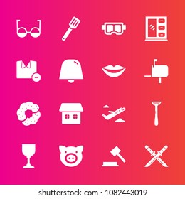 Premium set with fill vector icons. Such as dessert, departure, razor, glass, piglet, judge, pan, shirt, food, sword, house, sweet, katana, white, wine, water, swine, airplane, cake, cabinet, interior