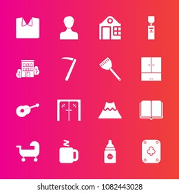 Premium set with fill vector icons. Such as fashion, mountain, drink, food, shirt, volcano, estate, library, textbook, business, poker, door, account, musical, play, plastic, handle, real, white, user