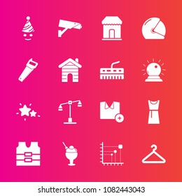 Premium set with fill vector icons. Such as judge, dessert, nature, fun, justice, cloakroom, security, star, shirt, camera, biker, clothing, dress, clown, helmet, astronomy, diagram, motorcycle, sign