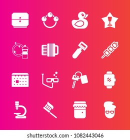 Premium set with fill vector icons. Such as science, schedule, watch, clean, retro, vehicle, biology, play, honey, calendar, child, sport, fashion, drawer, gadget, screen, key, brush, style, rattle