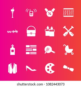 Premium set with fill vector icons. Such as gift, child, suit, beverage, news, phone, price, food, shoe, liquid, carriage, concept, bucket, telephone, palette, newspaper, pram, bow, art, bottle, sale