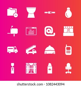 Premium set with fill vector icons. Such as musical, health, perfume, business, water, bulb, hat, mail, old, phone, interior, beauty, document, gallon, style, telephone, curtain, fashion, light, chair