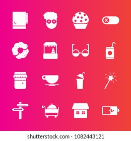 Premium set with fill vector icons. Such as style, battery, off, sweet, honey, energy, notebook, hipster, power, beverage, wand, retro, food, dessert, full, home, market, cappuccino, fashion, banner