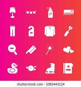 Premium set with fill vector icons. Such as street, web, interior, space, child, play, heart, rubber, conditioner, lamp, flag, business, book, directory, air, conditioning, romance, planet, holiday