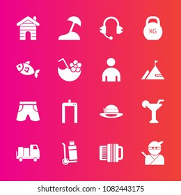 Premium set with fill vector icons. Such as speaker, cocktail, weight, ninja, delivery, beach, machine, sound, cargo, building, heavy, seafood, house, accordion, drink, scan, travel, japanese, japan