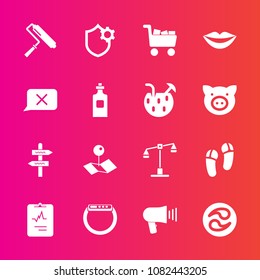 Premium set with fill vector icons. Such as tool, megaphone, roller, cart, glass, security, pin, brush, female, internet, gadget, loudspeaker, watch, commerce, communication, teeth, lips, way, slipper