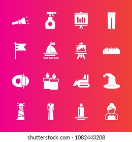 Premium set with fill vector icons. Such as decoration, clothing, wedding, flashlight, report, sprayer, flame, groom, clothes, circus, white, food, lamp, electric, couple, bulldozer, candle, light