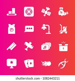 Premium set with fill vector icons. Such as fan, team, sweet, star, cardboard, music, computer, satellite, file, container, speech, medical, drill, message, airplane, meat, dentistry, comet, luggage