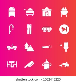 Premium set with fill vector icons. Such as lamp, toilet, business, flashlight, grill, barbecue, fork, tree, restroom, wc, milk, seafood, dinner, white, home, bathroom, envelope, vehicle, car, sea