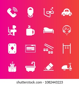 Premium set with fill vector icons. Such as eraser, bicycle, work, location, call, sport, exercise, automobile, transportation, office, desk, scuba, japan, sign, sushi, drink, table, phone, background