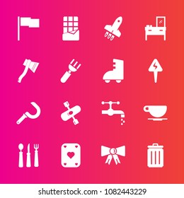 Premium set with fill vector icons. Such as spoon, tap, bathroom, drink, water, rocket, harvest, knife, activity, flag, coffee, game, poker, cup, bin, recycling, cappuccino, trash, faucet, bow, sweet